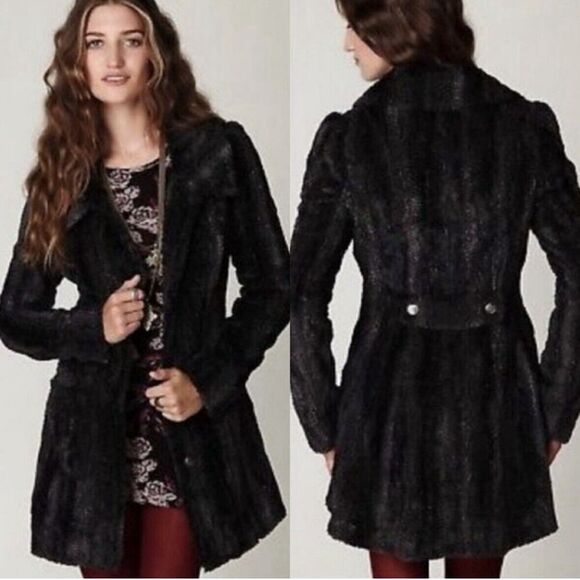Free People Faux Fur Jacket Swing Coat Womens 0 Herringbone Soft Gray Black Rare - Picture 2 of 14